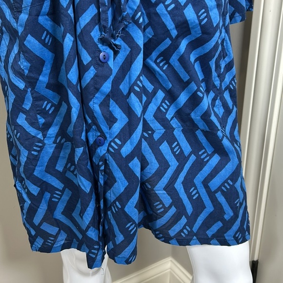 Gudrun Sjoden Blue Organic Cotton Dress Geometric Patterned Cinched Waist Sz L - Picture 5 of 14